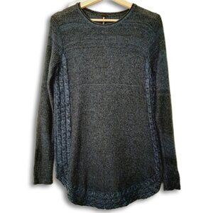 ONYX Cable Knit Sides Crewneck Sweater Rounded Hem Soft Top Marled Blue Sz M